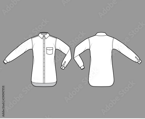 Shirt button-down technical fashion illustration with angled pocket, elbow fold, straight long sleeves, oversized, regular collar. Flat template front back white color. Women men unisex top CAD mockup