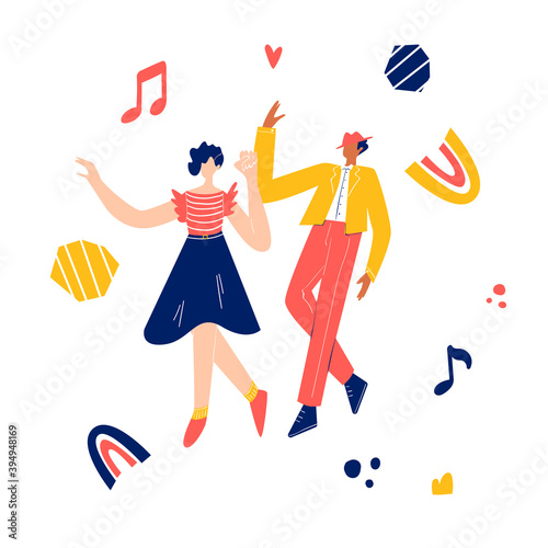 Retro party dance concept. Black young couple dancing swing, lindy hop, rock n roll.  photo