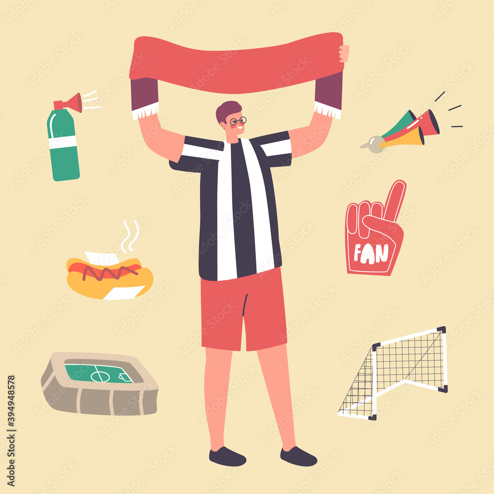 Φωτογραφία Male Character Football Fan in Uniform Cheering with Flag or Banner for Soccer Team on Stadium