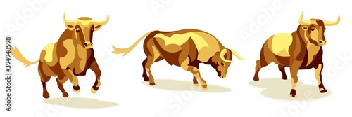 Set of golden metal bulls in different poses for 2021 chinese New Year celebration