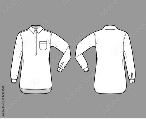 Shirt pullover technical fashion illustration with rounded pocket, elbow fold long sleeve, oversized, half placket button down. Flat template front, back white color. Women men top CAD mockup