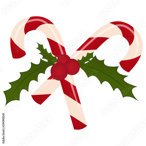 sugar canes and holly - christmas symbol, vector element, sweets