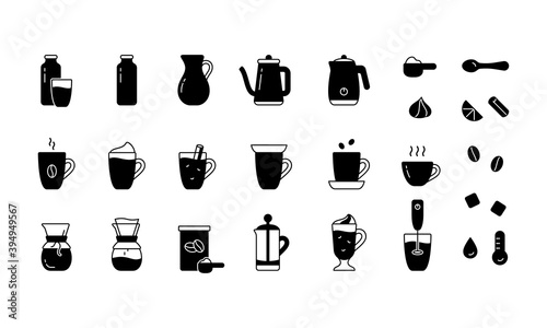 Coffee or tea silhouette icons set. Outline pictograms for preparation of hot homemade drink. Milk, cream, cup, teapot, kettle, glass, french press, whipper. Black emblem. Flat isolated vector