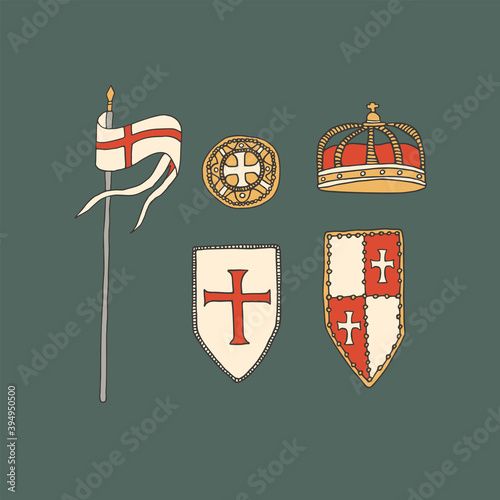 Medieval knight armor collection including shields and flag. Chivalry and crusade vector illustration in hand drawn line art style and vintage colors. Templar coat of arms and coin. Middle ages