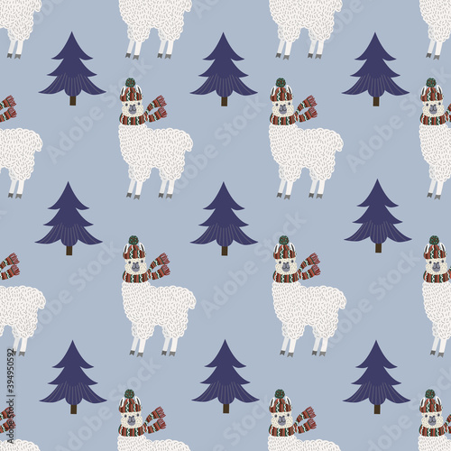 Seamless Christmas pattern with llamas and Christmas trees, vector