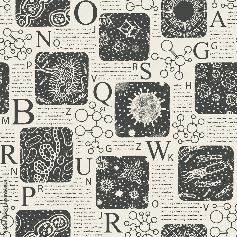 Vector seamless pattern on the theme of medicine, bioSciences, biology. Black and white background in the form of newspaper or magazine page with illegible text and drawings of various microorganisms