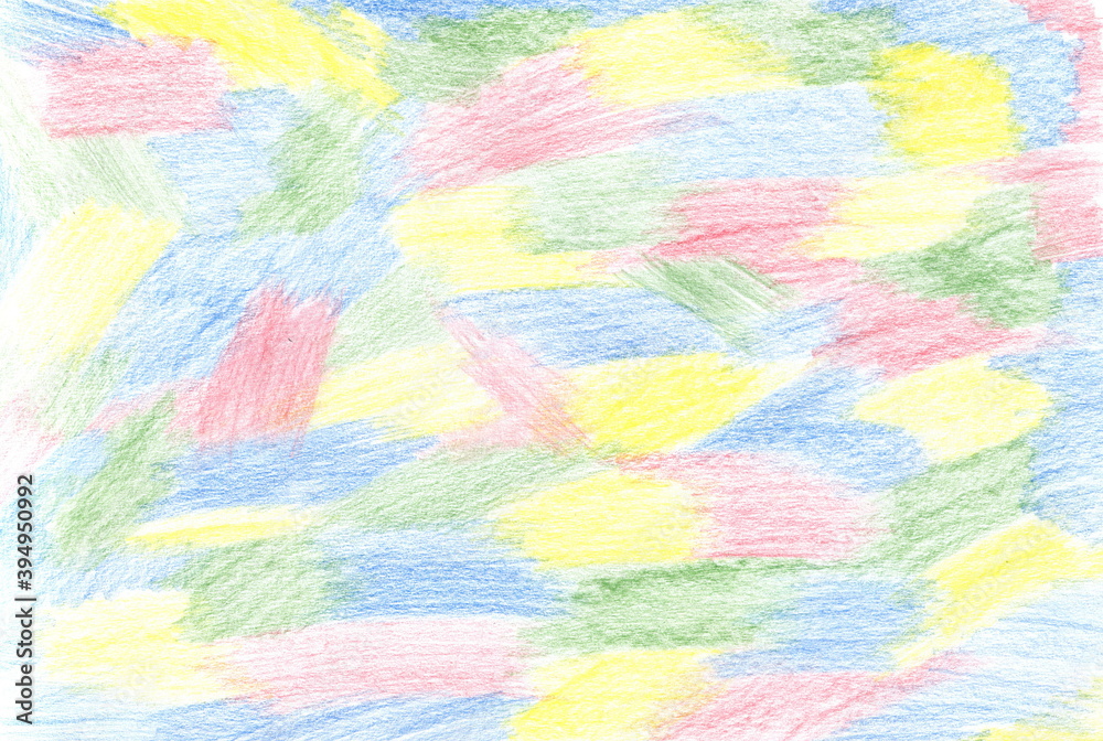 Abstract background of multicolored random spots drawn with colored pencils. A hand-drawn background with patches of yellow, green, blue, and red.