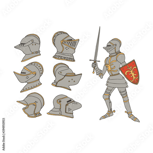 Medieval knight with a sword and shield. Male warrior with armor taking part in a jousting. Knight helmets set vector illustration in a hand drawn line art style. Chivalry and crusade concept.