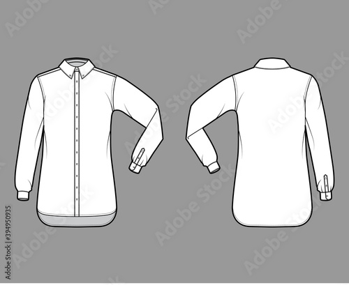 Classic shirt technical fashion illustration with elbow fold long sleeve, relax fit, buttons fastening, regular collar. Flat apparel template front, back white color. Women men unisex top CAD mockup
