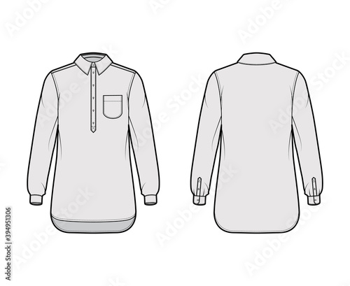Shirt pullover technical fashion illustration with rounded pocket, long sleeves, relax fit, half placket button down, regular collar. Flat template front, back, grey color. Women men top CAD mockup