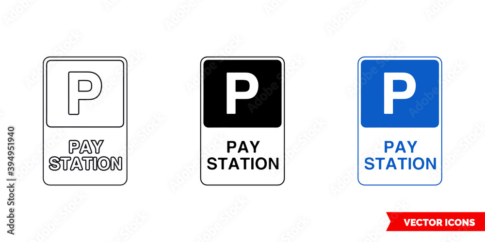 Pay station parking information sign icon of 3 types color, black and white, outline. Isolated vector sign symbol.