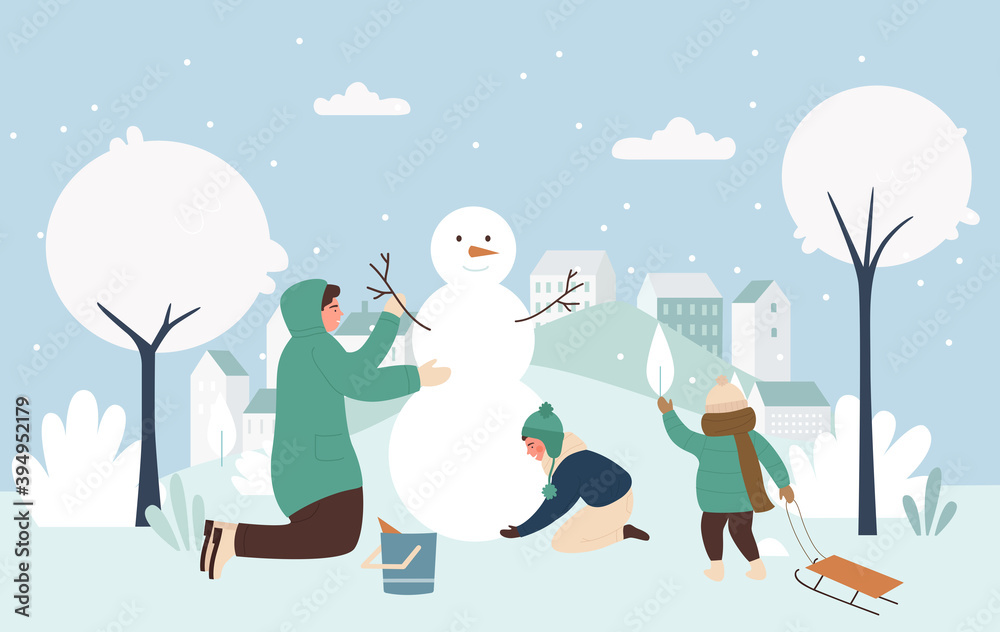 Naklejka premium Family people make Christmas snowman together vector illustration. Cartoon active parent and children making funny Xmas snowman from snow balls, Christmas winter outdoor activity in nature background