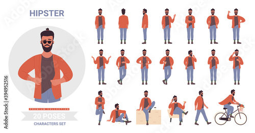 Hipster man poses vector illustration set. Cartoon bearded male character in casual clothes standing or sitting, young handsome guy model posing in different poses and gestures isolated on white