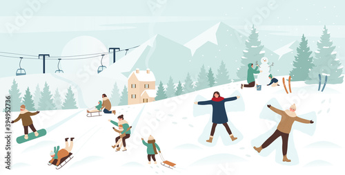 People enjoy winter sports on Christmas holidays in snow mountain landscape vector illustration. Cartoon family or friend characters snowboarding sledding downhill, making snowman xmas background