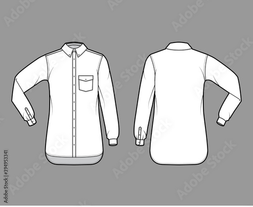 Classic shirt technical fashion illustration with angled pocket, elbow fold long sleeve, relax fit, buttons, regular collar. Flat template front, back white color. Women men unisex top CAD mockup