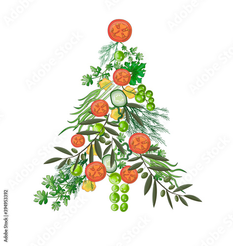 Christmas card. A changing tree of vegetables and fruits is drawn - grapes, olives, tomatoes, cucumbers, dill, parsley. The illustration is isolated on a white background. Stock vector illustration.