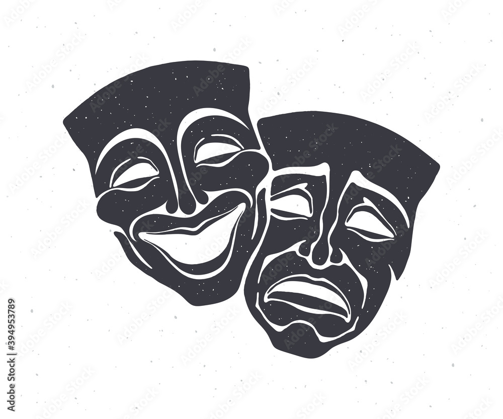 Silhouette of two theatrical comedy and drama mask. Vector illustration.  Bipolar disorder symbol. Positive and negative emotion. Film and theatre  industry. Isolated white background Stock Vector | Adobe Stock