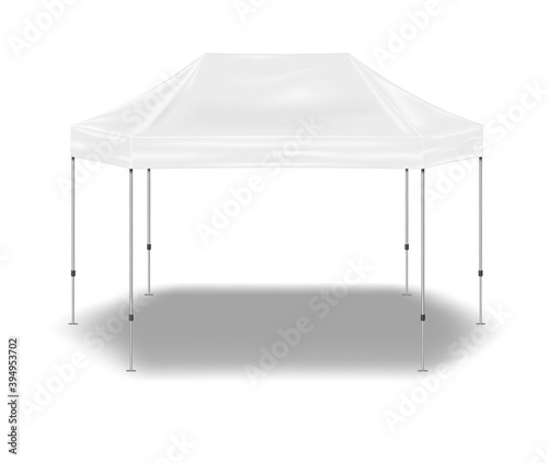 Hexagon pop-up canopy tent, vector mockup. Exhibition outdoor show pavilion, mock-up. White event marquee, template for design
