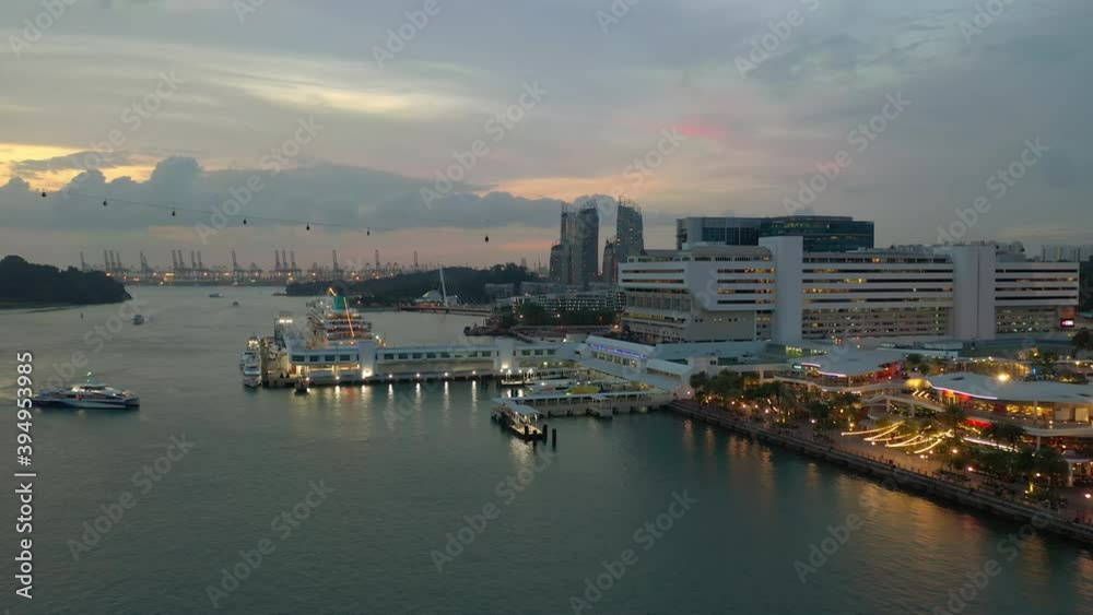 sunset illumination singapore famous city mall sentosa area cruise liner dock aerial panorama 4k sunset illumination singapore famous city mall sentosa area cruise liner dock aerial panorama 4k
