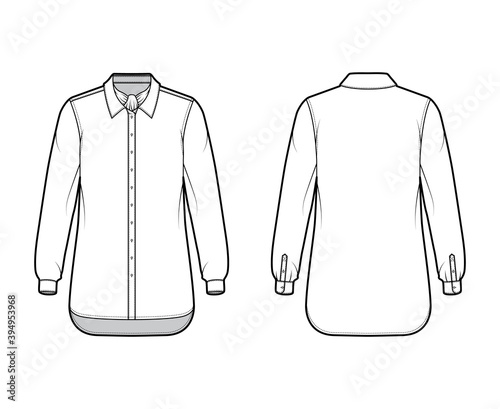 Shirt ascot stripe technical fashion illustration with bow, long sleeves with cuff, oversized, button-down, regular collar. Flat template front, back white color. Women men unisex top CAD mockup