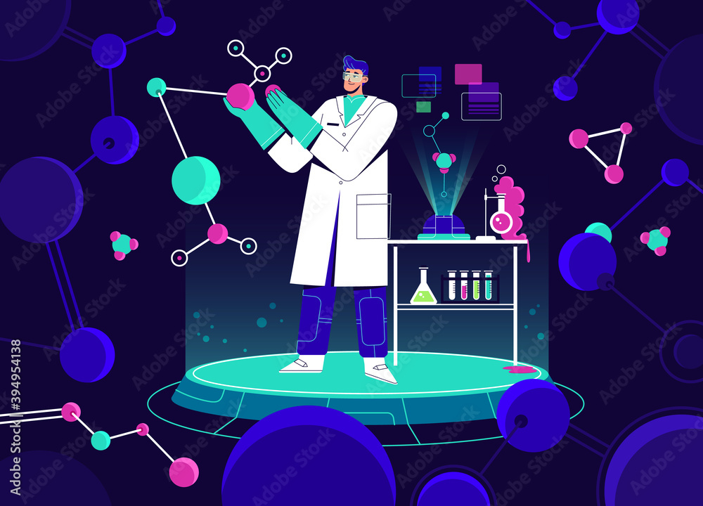 Fototapeta premium Scientist working in laboratory, holding huge molecule