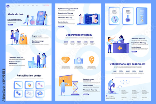 Medical clinic flat landing page. Medical rehabilitation center, modern hospital corporate website design. Web banner with header, middle content, footer. Vector illustration with people characters.