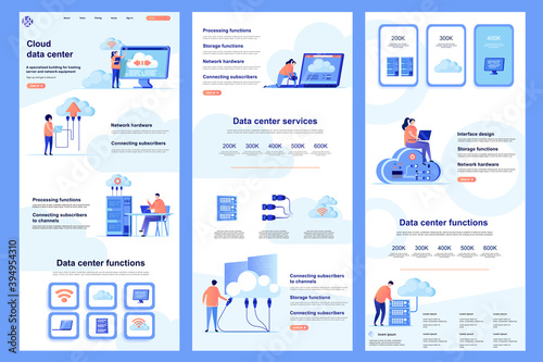 Cloud data center flat landing page. Database storage, online computing resources corporate website design. Web banner with header, middle content, footer. Vector illustration with people characters.