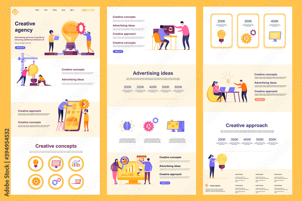 Creative agency flat landing page. Idea generation, design and creativity corporate website design. Web banner template with header, middle content, footer. Vector illustration with people characters.