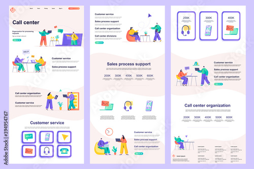 Call center flat landing page. Online consultation, customer support corporate website design. Web banner template with header, middle content and footer. Vector illustration with people characters.