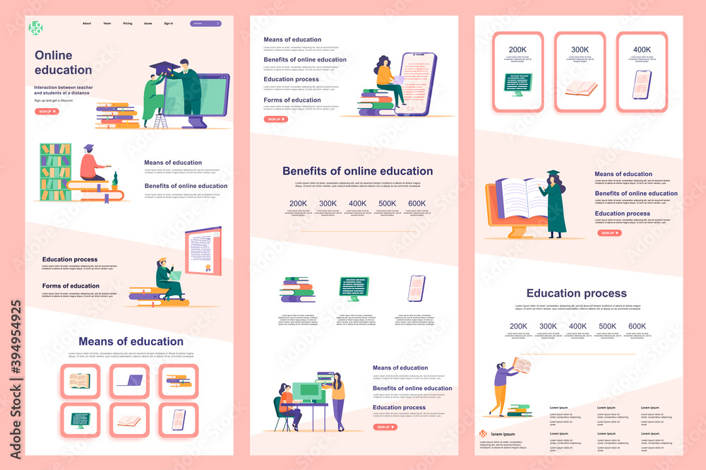 Distance education flat landing page. Online learning platform corporate website design. Web banner template with header, middle content, footer. Vector illustration with studying students characters.