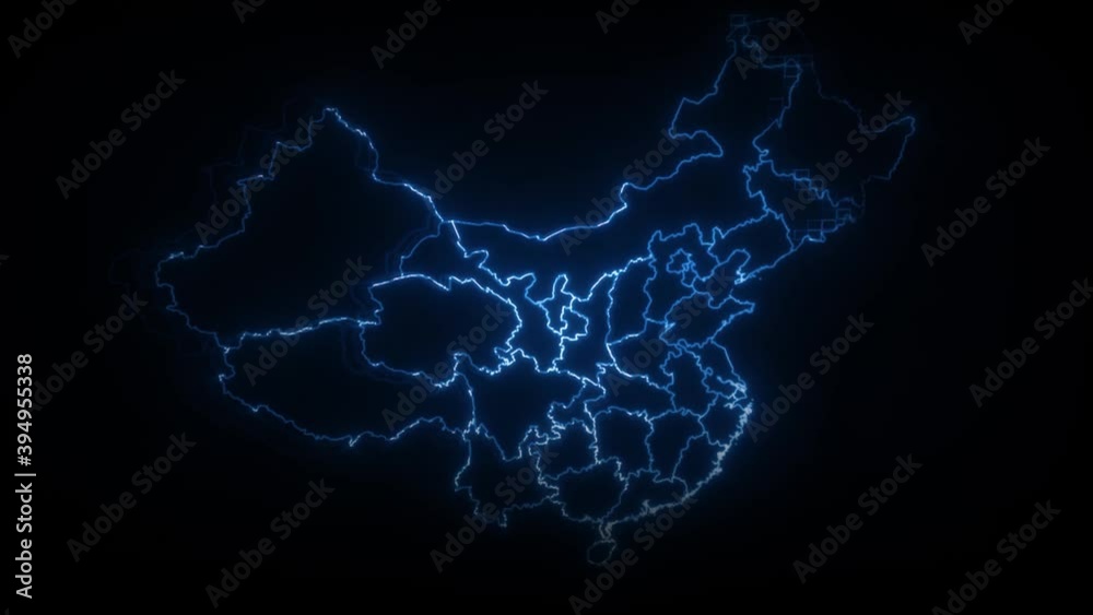 China Cyber Map Showing Up Intro By Regions/ 4k animated china cyber hi-tech map intro background with countries appearing