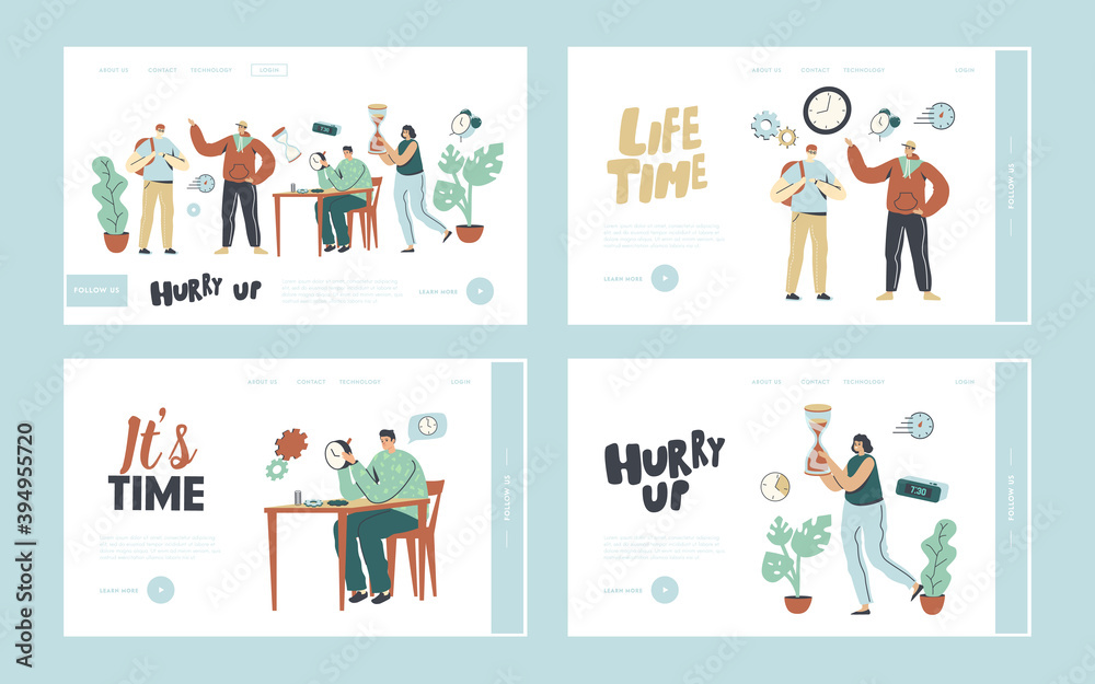 People and Time Landing Page Template Set. Characters with Clock. Master Repair Broken Watch in Workshop, Hurry Up People and Time Landing Page Template Set. Characters with Clock. Master Repair Broken Watch in Workshop, Hurry Up