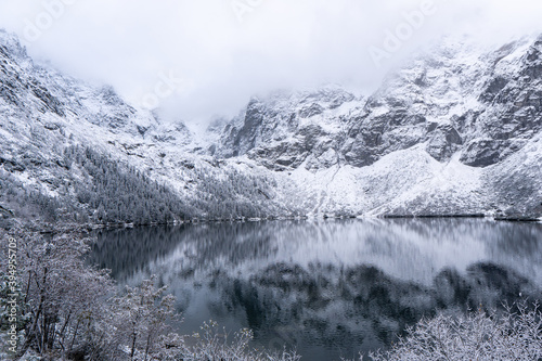 Panoramic view of scenic idyllic winter landscape in the poland tatras at famous mountain lake Eye of the Sea or Morskie Oko, Tatras Mountain poland