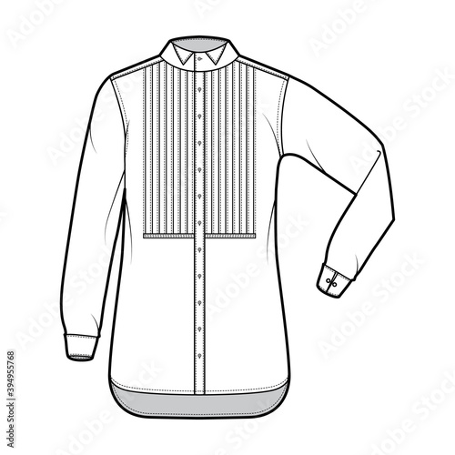 Shirt tuxedo dress technical fashion illustration with pleated pintucked bib, elbow fold long sleeves with french cuff, wing collar. Flat template front white color. Women men unisex top CAD