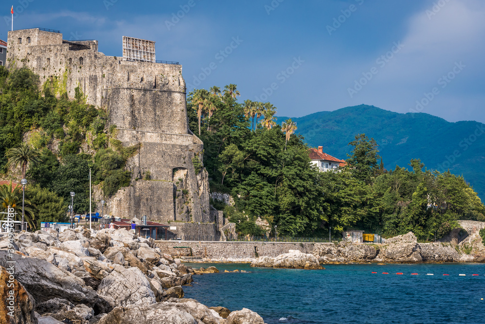 Citadel Forte Mare seen from port of Herceg Novi coastal town located at entrance to Bay of Kotor, Montenegro