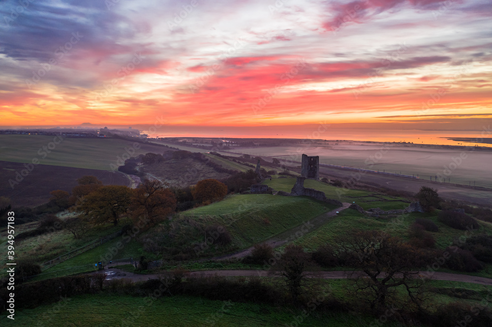 Fototapeta premium Hadleigh Castle Medieval Ruins at Autumn Sunrise Aerial Drone Landscape in Benfleet Essex England