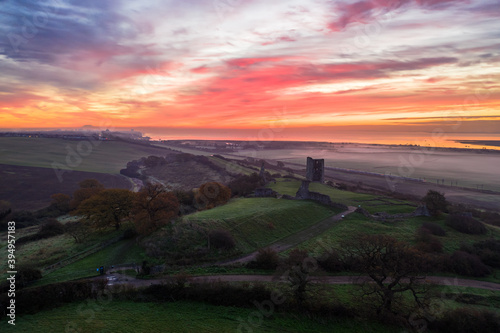 Ruins aerial view of Hadleigh castle at sunrise in Benfleet Essex, UK country side 