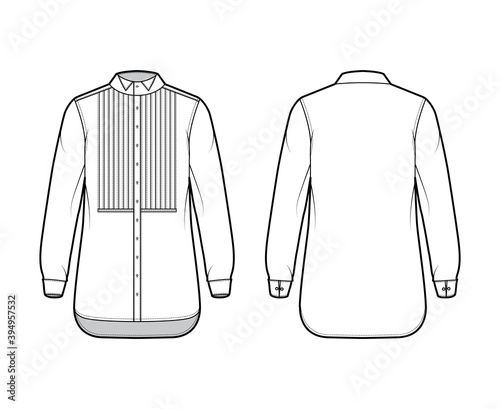 Shirt tuxedo dress technical fashion illustration with pleated pintuck bib, long sleeve with french cuff, wing collar, relax fit. Flat template front back white color. Women men unisex top CAD mockup
