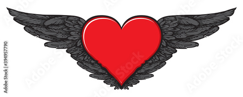 Flying heart. Vector graphic illustration of a red heart with black wings isolated on a light background. Suitable for Valentine card, sticker, t-shirt design, tattoo, design element
