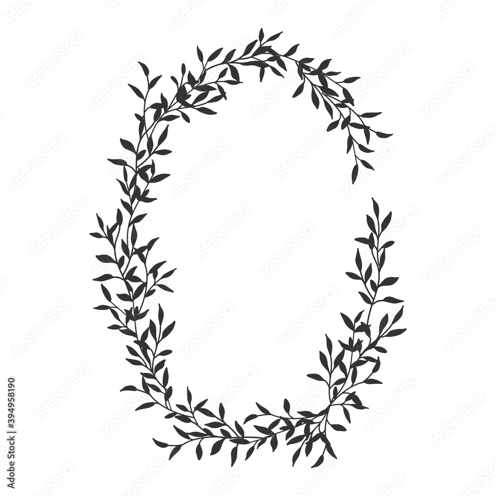 Hand drawn floral oval frame wreath on white background