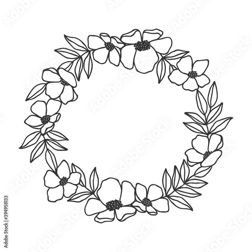 Fotografi Hand drawn floral oval frame wreath on white background