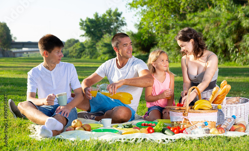 Happy young parents with two teenagers having a picnic on the countryside. High quality photo