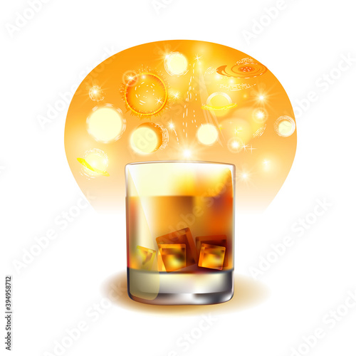 A glass of brandy against the background of space. A glass of alcohol filled with fantasy planets, stars, meteorites. Vector illustration on a white background.