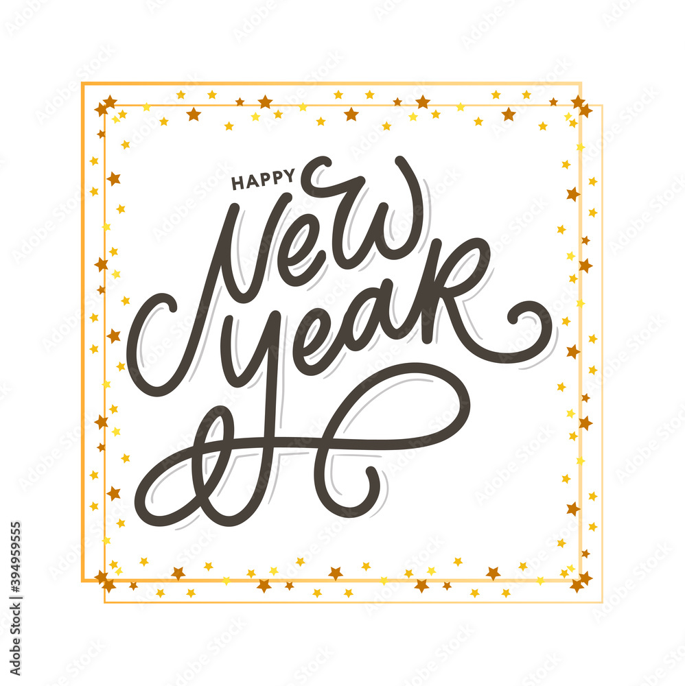 Happy New Year 2021 Beautiful greeting card poster with calligraphy black text word gold fireworks. Hand drawn design elements. Handwritten modern brush lettering white background isolated vector Happy New Year 2021 Beautiful greeting card poster with calligraphy black text word gold fireworks. Hand drawn design elements. Handwritten modern brush lettering white background isolated vector