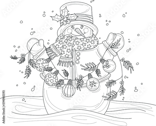 Cartoon snowman in hat and scarf with garland and winter decoration balls sketch template. Christmas vector illustration in black and white for game, decor. Children's story book, coloring paper, page