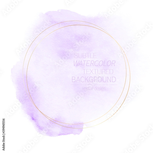 Watercolor lavender stain paint background with golden round frame. Vector design.	