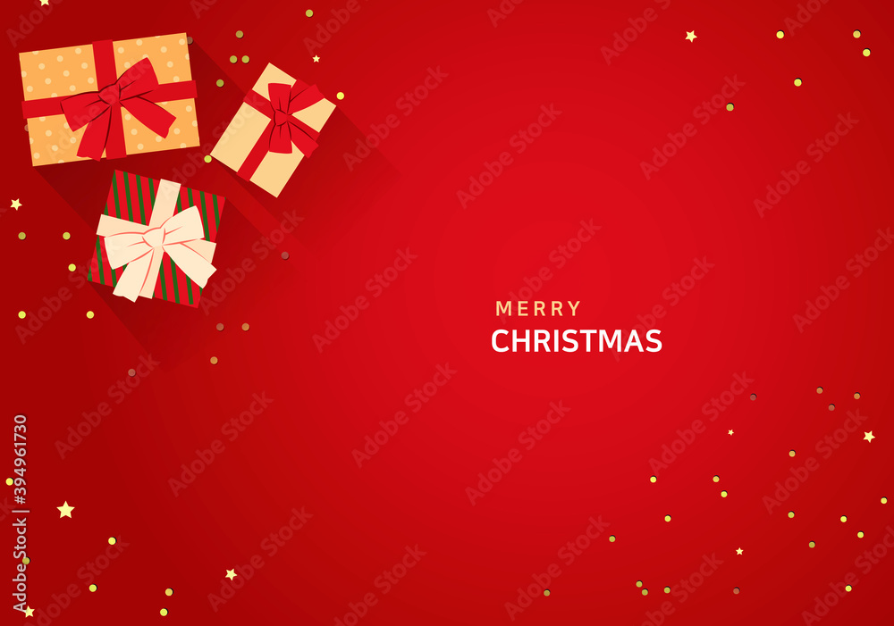 Red background sprinkled with glitter, and gift boxes. Christmas vector illustration background.