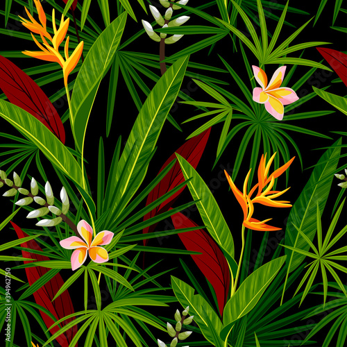 Jungle seamless pattern with tropical leaves and flowers. Realistic vegetation vector background.