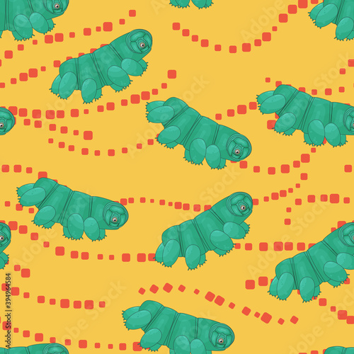 green cute happy Tardigrade, water bears or moss piglets vector repeat seamless pattern on yellow background