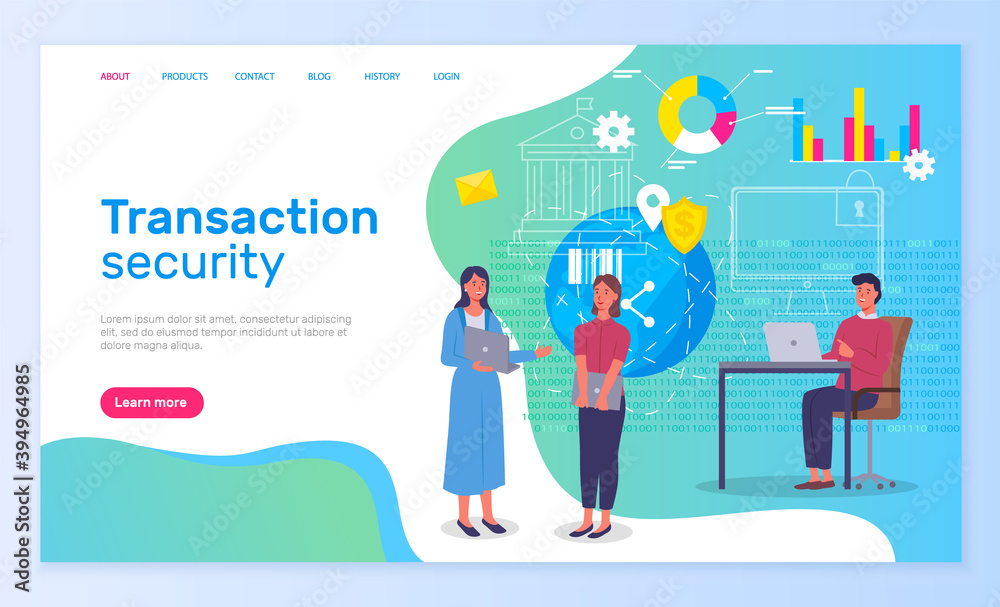 Transaction security, people working in bank, new technologies protect finance, modern app, people communicating, discussing protection, tech support of service, safety of payment in global network